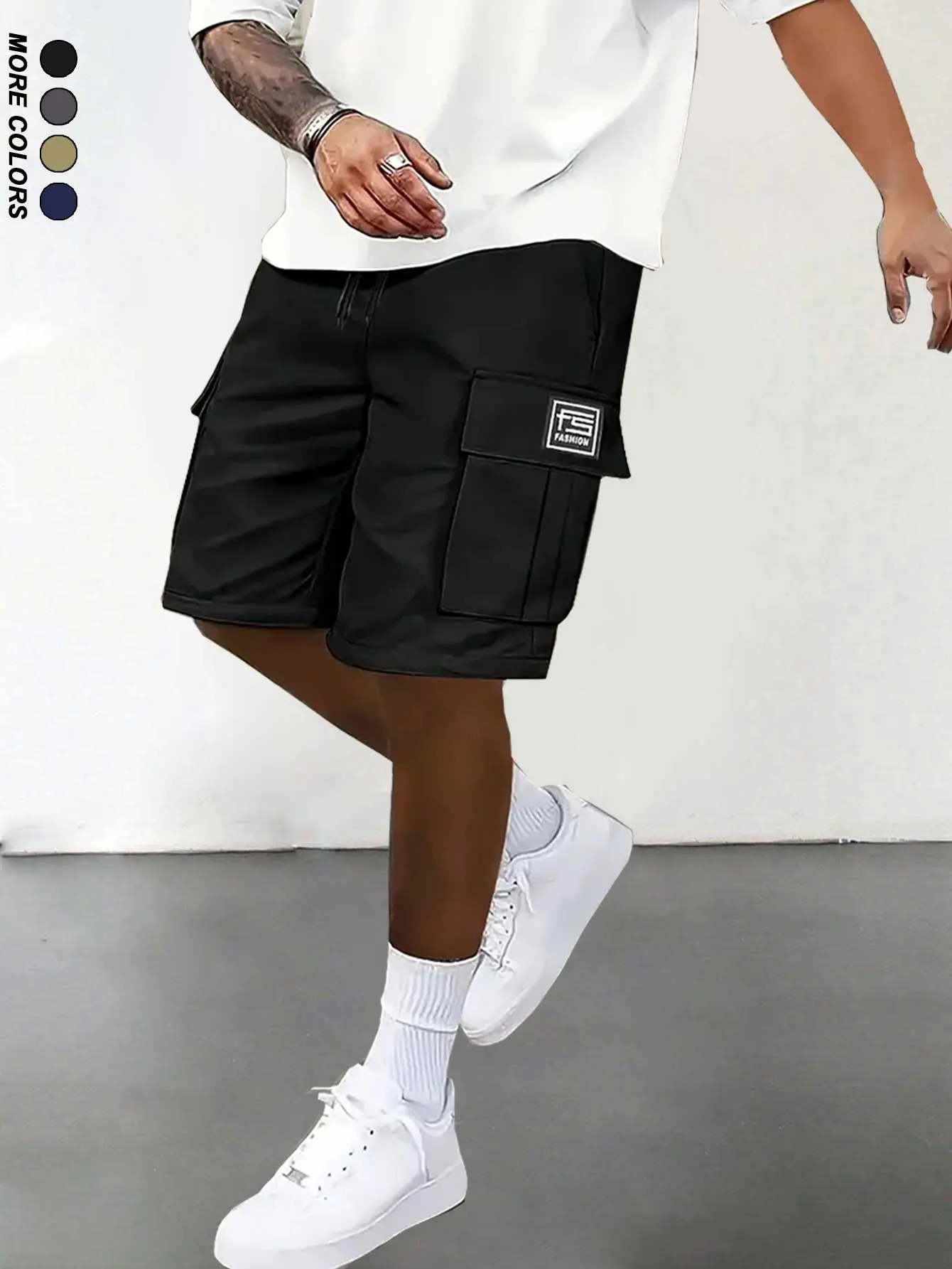 Menswear Loose-Fitting Multipocket Cargo Shorts - Adjustable Drawstring Waist, Classic Streamlined Workwear Silhouette, Large Side Patch Pockets, Trendy Square Chest Patch, Streetwear-Inspired, Summer, Father's Day Gift, Loose-Fitting Men's Shorts
