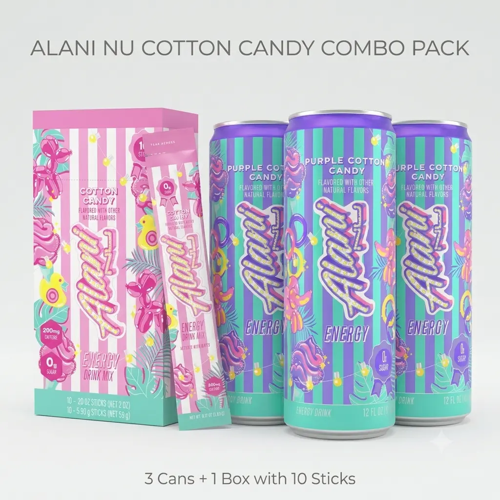 Alani Nu Cotton Candy Energy Combo Pack | 3 Cans + 10 On-The-Go Powder Stick Packets | 200mg Caffeine Zero Sugar Energy Drink Mix Bundle