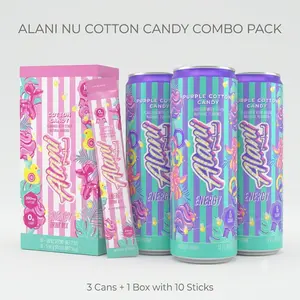 Alani Nu Cotton Candy Energy Combo Pack | 3 Cans + 10 On-The-Go Powder Stick Packets | 200mg Caffeine Zero Sugar Energy Drink Mix Bundle