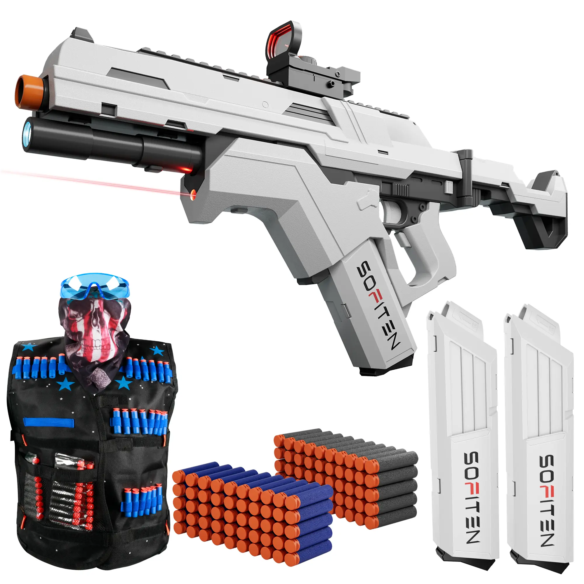 SOFITEN Ascend N,7.4V Full Auto high speed Toy foam blaster set / Infrared / Flashlight / Power Indicator & Foldable Stock / 100 darts, Toy gun set ideal for 8+ boys girls; For Gift / family party / outdoorfun / Birthday / Practice #dealsforyoudays