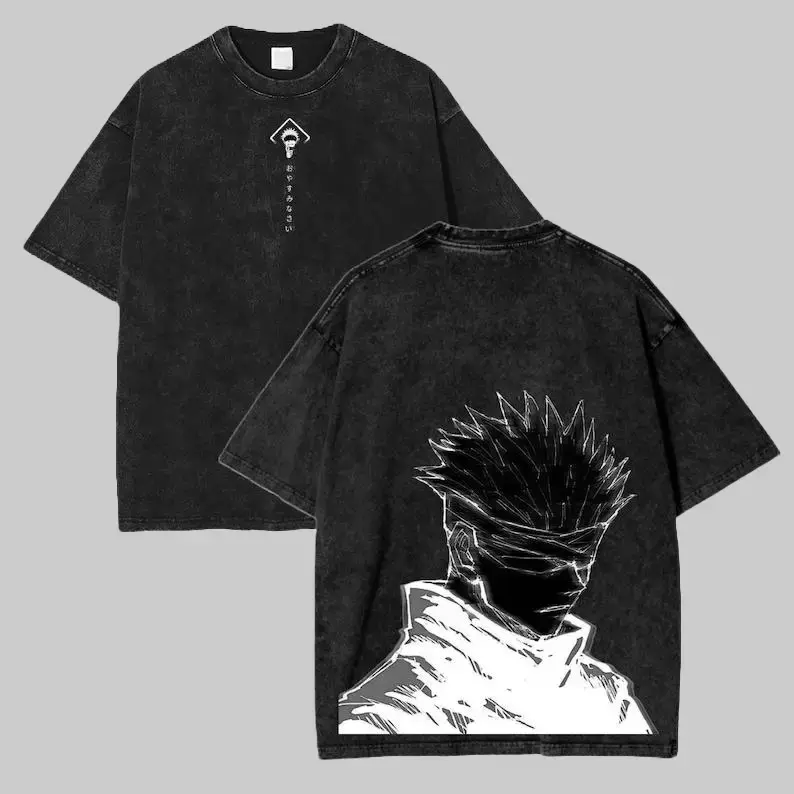 Men's Jujutsu Kaisen Acid Washed Oversize Round Neck Short-Sleeve Tshirt - Satoru Gojo Black Marbled Streetwear Top, Fan Gift Mens Casual Clothes, Shortsleeve, Gojo Art, Gift For Fans, Menswear, Tee, Cotton, All Seasons, Graphic T Shirts, Fans Of Jujutsu