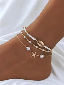 Women's Boho Style Starfish & Shell Decor Anklet, Fashionable Beaded Anklet for Beach Party, Elegant All-Match Jewelry Accessory