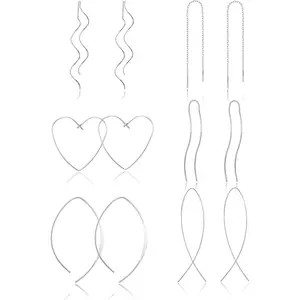 FINREZIO 6 Pairs Silvery Unique Long Tassel Threader Earrings Set for Women Men Minimalist Dangle Drop Stainless Steel Earrings with Twisted Heart Oval Crisscross Designs Hypoallergenic Lightweight Body Jewelry Set for Daily Wear Parties Gift Giving