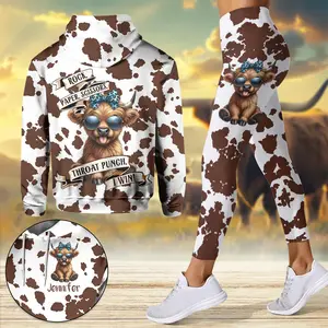 Rock Paper Scissors Personalized Highland Cow Hoodie and Leggings Set, Funny Farm Animal Outfit, Custom Cow Lover Gift for Women