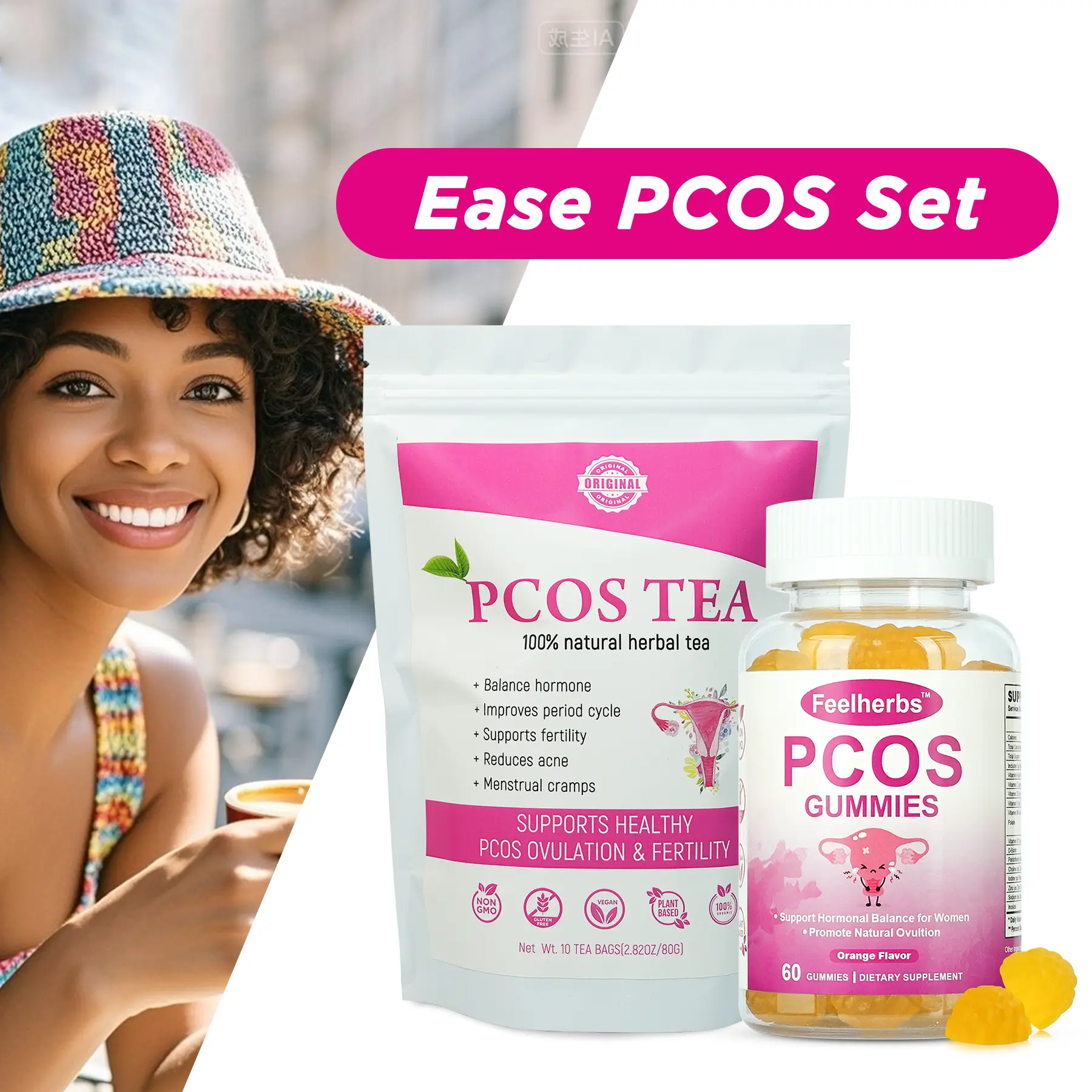 Pcos Tea & Gummies Set for Women Hormonal Balance & Menstrual Cycle, Ovarian Support Tea Set Helps with Ovary and Uterus Cleanse