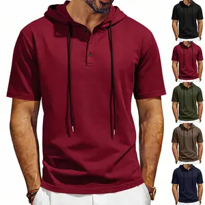 Summer plus men's loose sports casual retro hooded drawstring Henley shirt short sleeved vest men