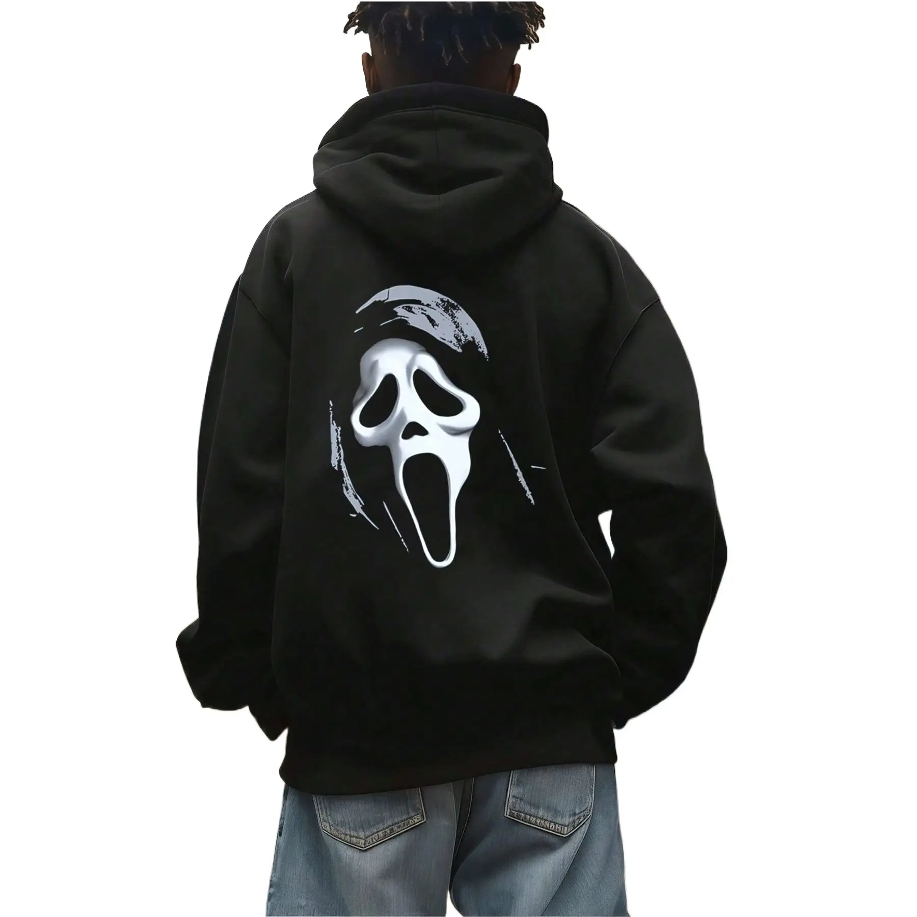 Men's Casual Scream Mask Graphic Hoodie, Double-Sided Print Streetwear Pullover in Slight Stretch Polyester Fabric with Pocket