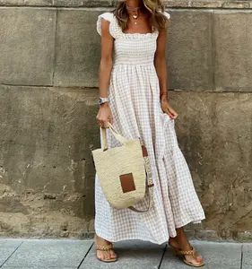 Summer Gingham Maxi Dress for Women, Ruffle Cap Sleeve Square Neck Smocked Waist Tiered Long Dress, Casual Beach Flowy A-Line Plaid Sundress for Vacation