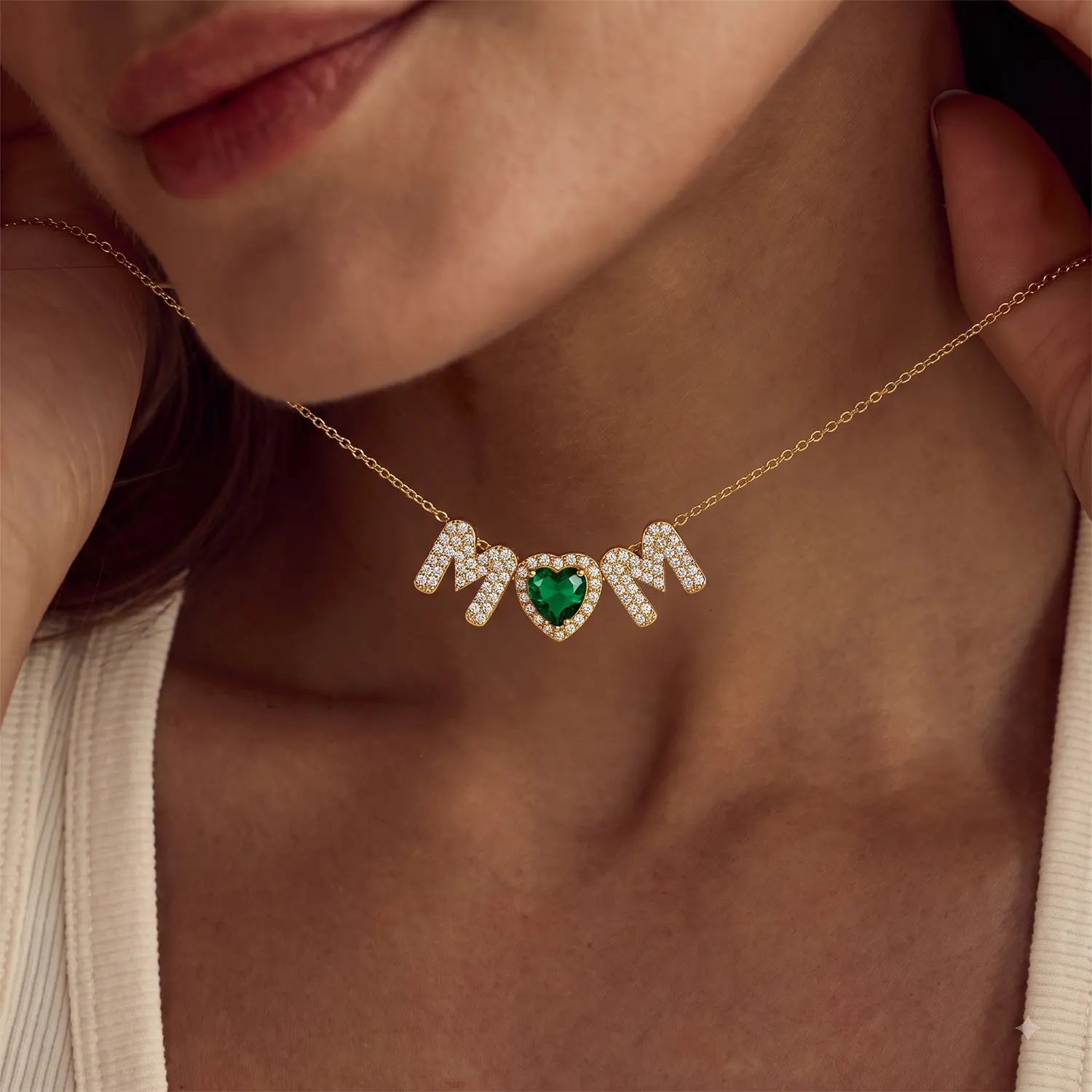 Mom Birthstone Necklace for Women, 14K Gold Plated Heart Bubble Mom Letter Pendant Necklace Birthday Gifts for Women Mom