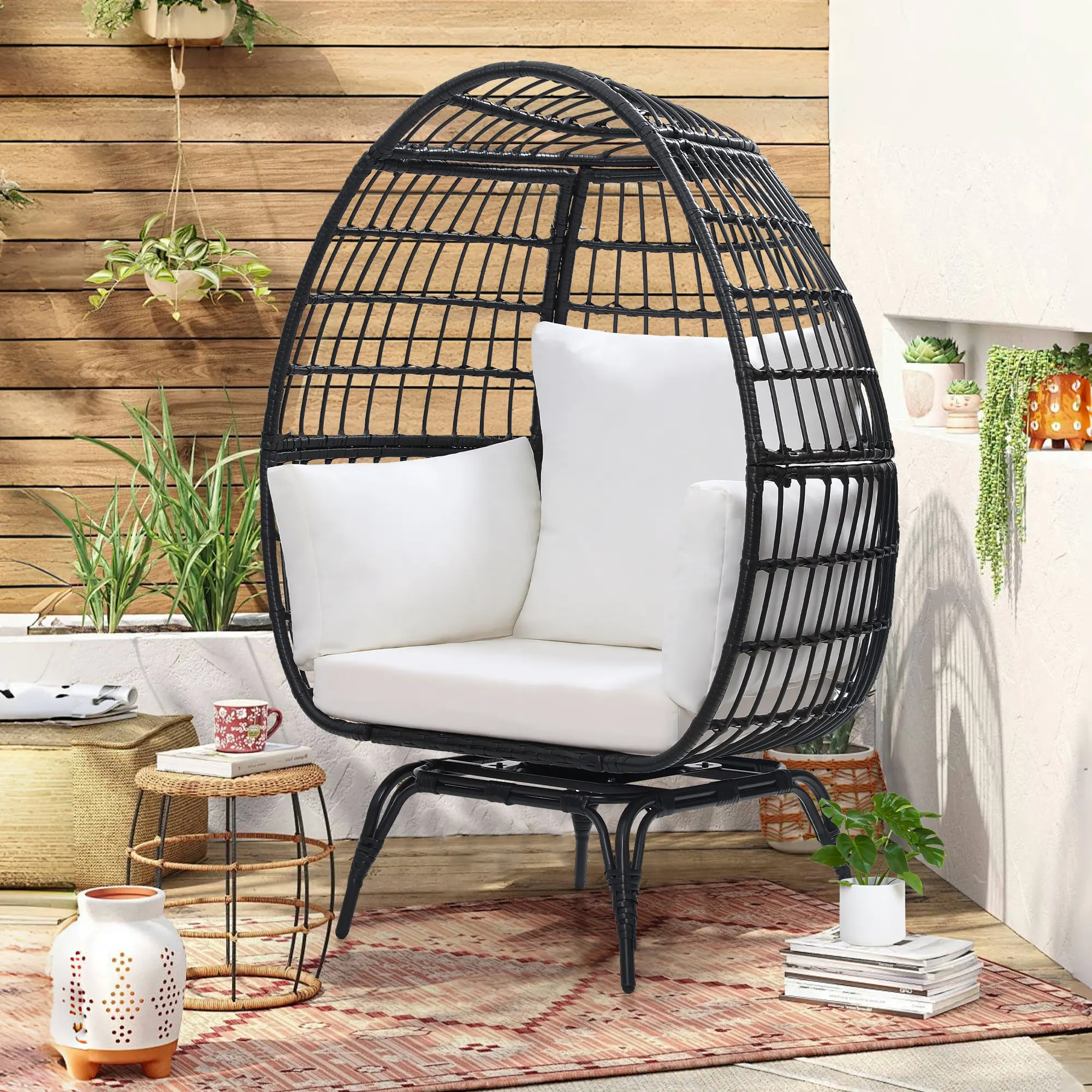 Oversized 360° Swivel Rattan Egg Chair – Perfect for Indoor/Outdoor, 440lb Capacity, Overstuffed Cushions, Natural Rattan with Beige Cushion tiktokshopspringglowup homeessentials