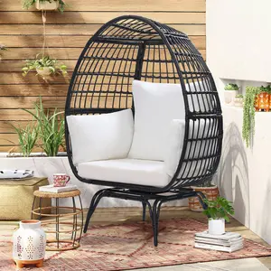 Oversized 360° Swivel Rattan Egg Chair – Perfect for Indoor/Outdoor, 440lb Capacity, Overstuffed Cushions, Natural Rattan with Beige Cushion