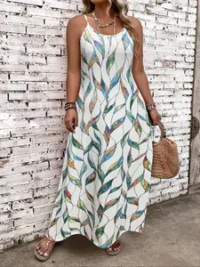 Women's Plus Size Casual Long Fitted Stretchy Dress Halter Neck Sleeveless with Pockets, Elastic Polyester Blend, Perfect for Spring Summer Vacation Womenswear