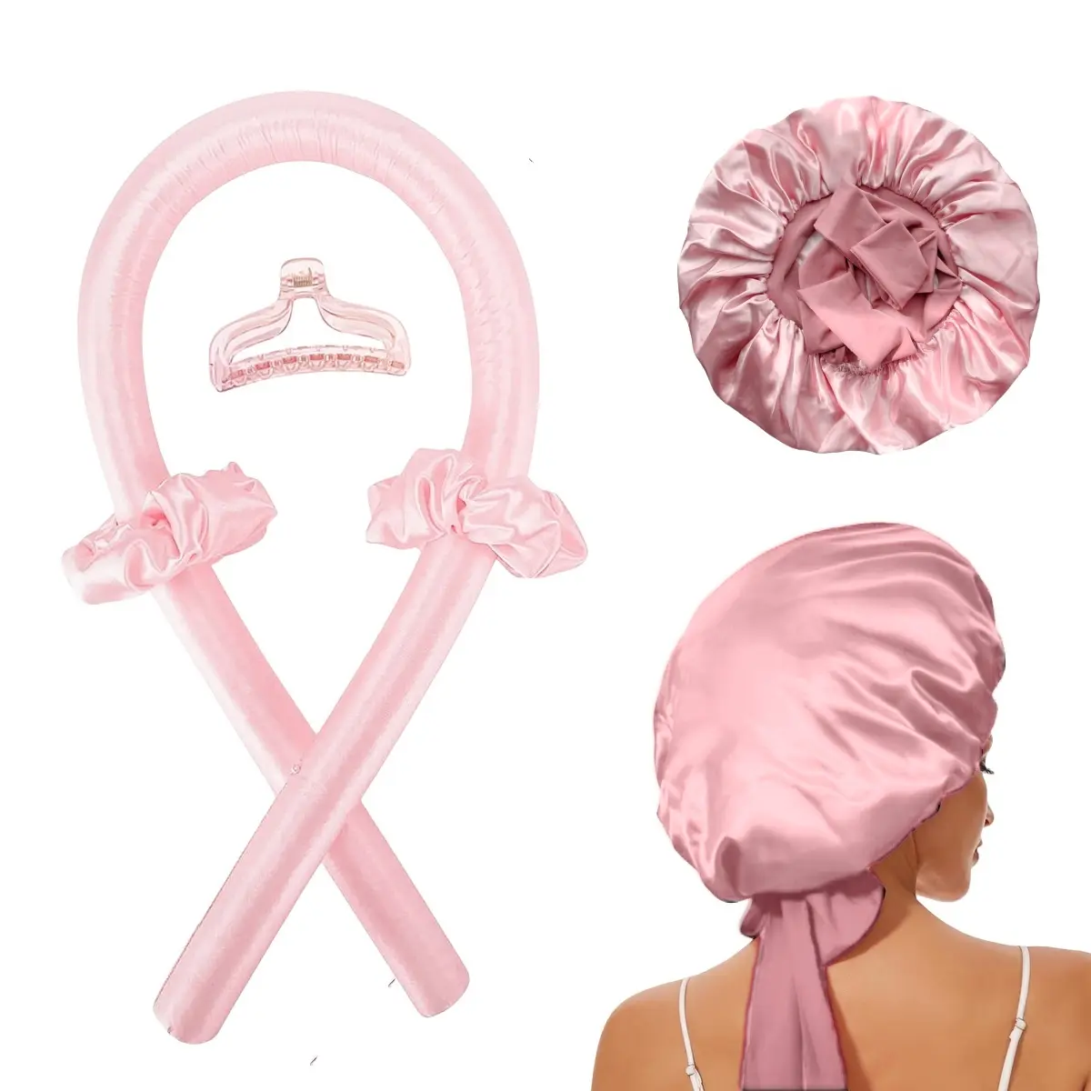 Heatless Curls Kit for Overnight Styling, 5-Piece Satin Hair Curler Set with Non-Slip Bonnet and Stretchy Long Band, Creates Voluminous Curls for Long Hair, Silk Bonnet, Curling Rod, Satin Bonnet X1