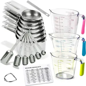 20-piece stainless steel measuring cup and spoon set, including 7 measuring cups, 6 measuring spoons, 1 spirit level, and 1 plastic measuring cup, with magnetic conversion charts—kitchen baking and cooking tools