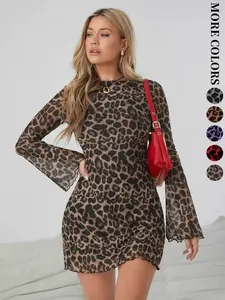Ladies' leopard print long-sleeved figure-hugging dress - elegant and stylish short dress for slimming and form-fitting Thin Summer Womenswear