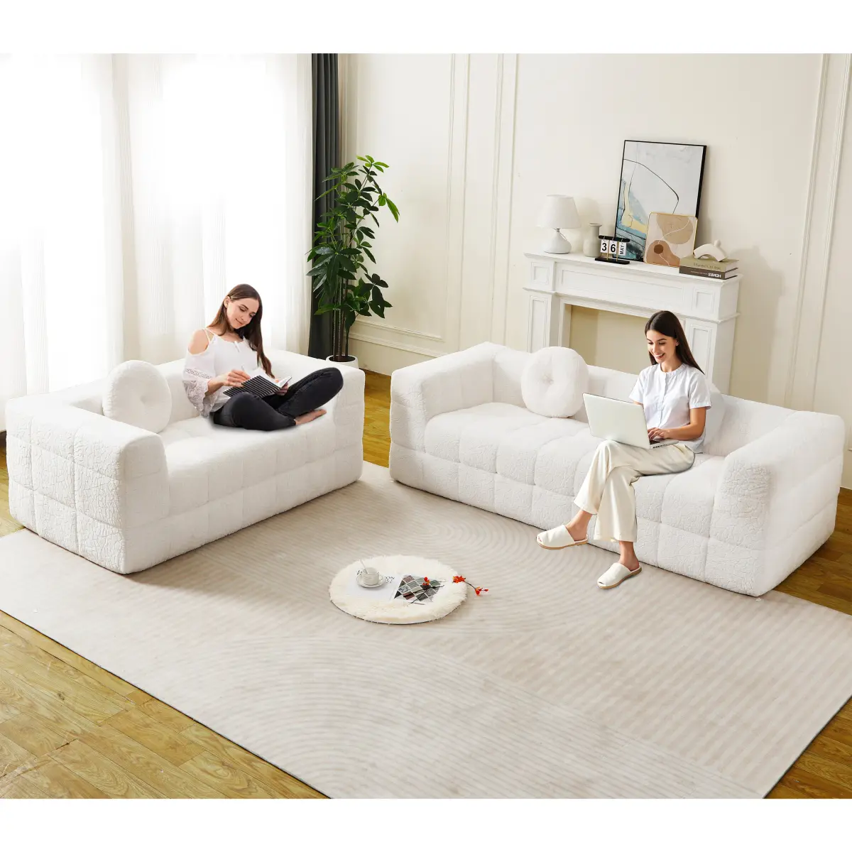Modern Boneless Loveseat Sofa with 2 Circular Throw Pillows, Skin-Friendly Lychee-Textured Long-Pile Polyester Fabric, Checkered Design Foam Couch