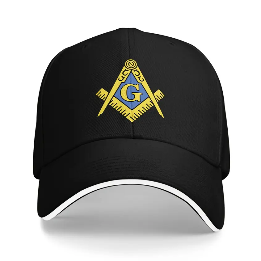 Masonic Style Sports Hat in Washed Denim with Emblem, Breathable Cool Hats for Outdoor Wear with Metal Closure, Casual Sports Hat, With Buckle