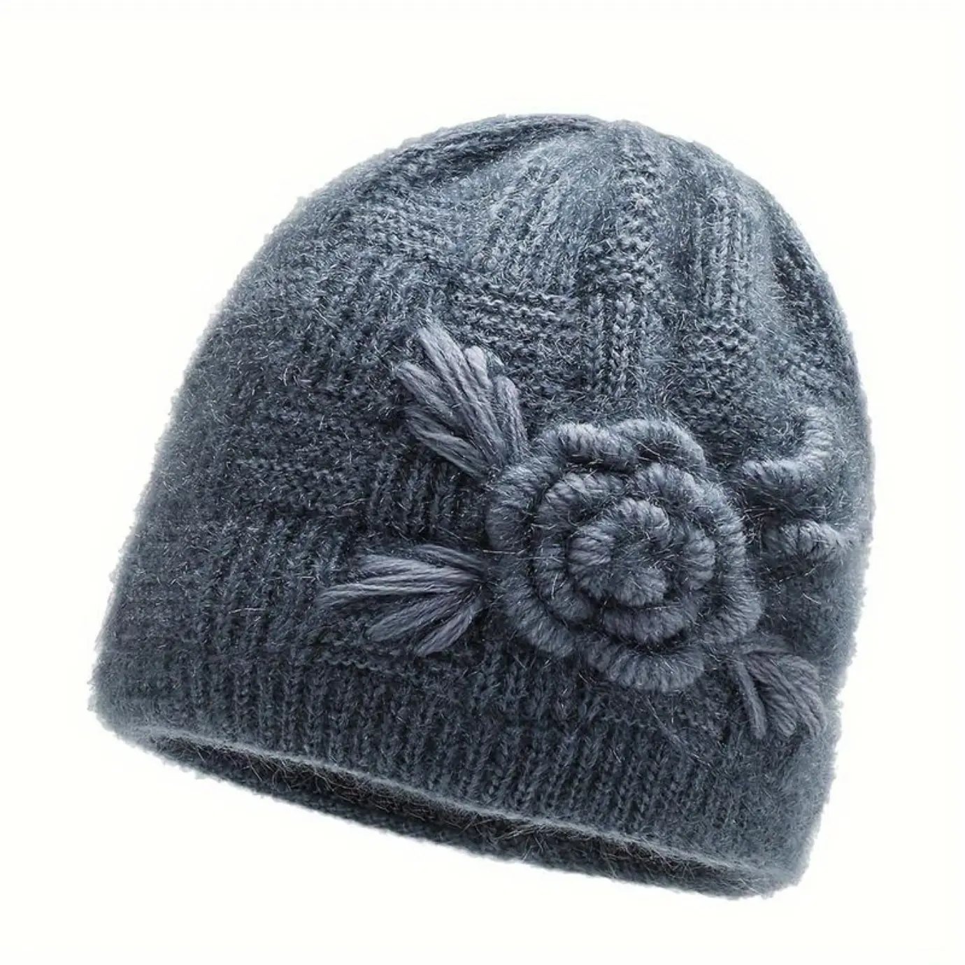 Female Winter Floral Beanie Hat - Khaki, Soft, Warm, Windproof, Stretchy, Floral Accent, for Cold Weather Outdoor Activities, Hand Wash Only, Blocks Wind Chill, Perfect Choice
