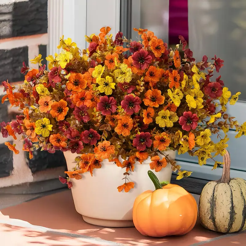 Set of 12 Artificial Violets — Outdoor-Specific, UV-Resistant, Realistic Faux Plastic Spring Flowers; Faux Silk Botanical Decor Suitable for Outdoor Porches, Easter, Patios, and Home Decoration (12-Stem Pack: Burgundy + Orange-Red + Yellow Color Scheme)