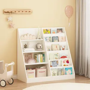 Kids Bookshelf & Toy Storage Organizer, 4-Tier Wooden Bookcase with Large Capacity Toy Bins for Playroom & Kids Room, White