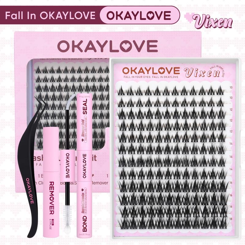 OKAYLOVE Vixen CD-Curve Clusters Lashes Kit - Waterproof Lashes, Long-Lasting Bond & Seal, DIY Tweezers, Remover for Home Use, Student Back to School Gift
