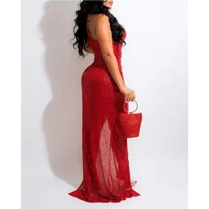 Front High Slit Sequins High Neck Evening Dress