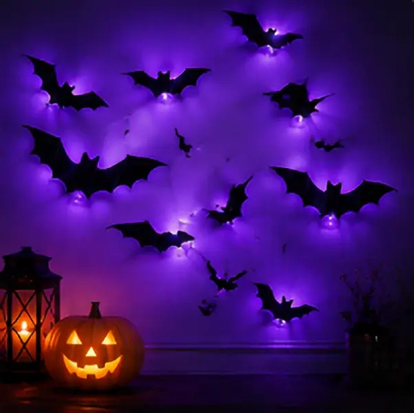 Halloween Spooky Ornaments: 12pcs/24pcs 3D Bat Light LED Decorations | Bendable Wall Stickers, Smooth Bubble-Free Application, Easy Install | Battery Powered Glowing Decor | Non-Remote Indoor Decor for Home, Party, Window, Door, Festival