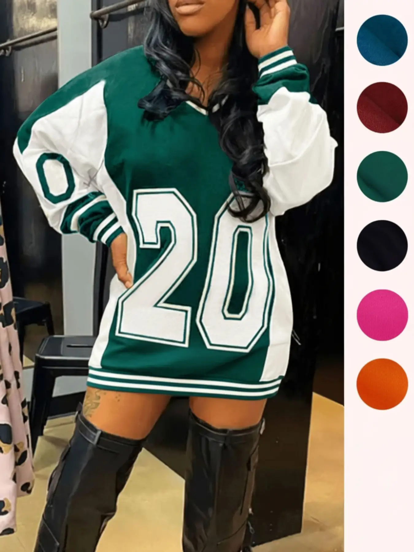 Women's Colorblock & Figure Print Drop Shoulder Sweatshirt, Preppy Fashion Street V Neck Long Sleeve Pullover for Daily Outdoor Wear, Ladies Spring &