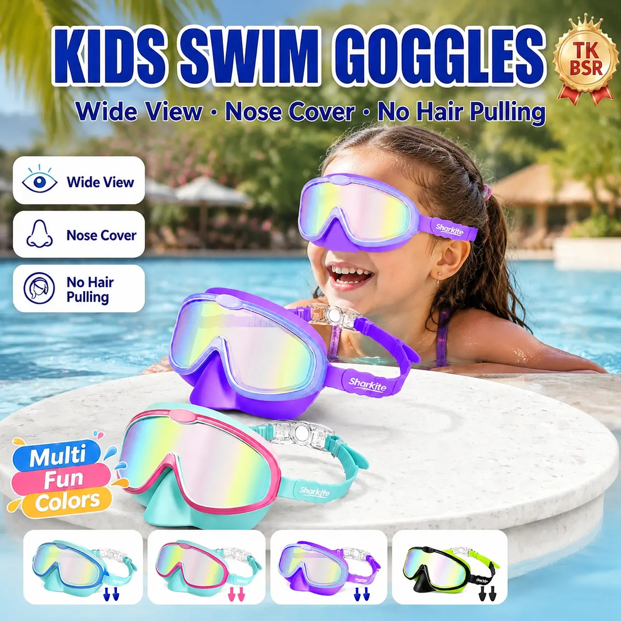 1 Piece Kids' Swimming Goggles with Nose Mask and Ear Plugs, Wide Viewing Angle, Anti-fog, Anti-UV and Anti-Shattering Lenses, Suitable for Boys and Girls 3-15