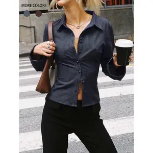 Women's striped printed button up front shirt, casual and comfortable shirt, elegant long sleeved collar top for spring and autumn, women's daily clothingRAIMENTRY