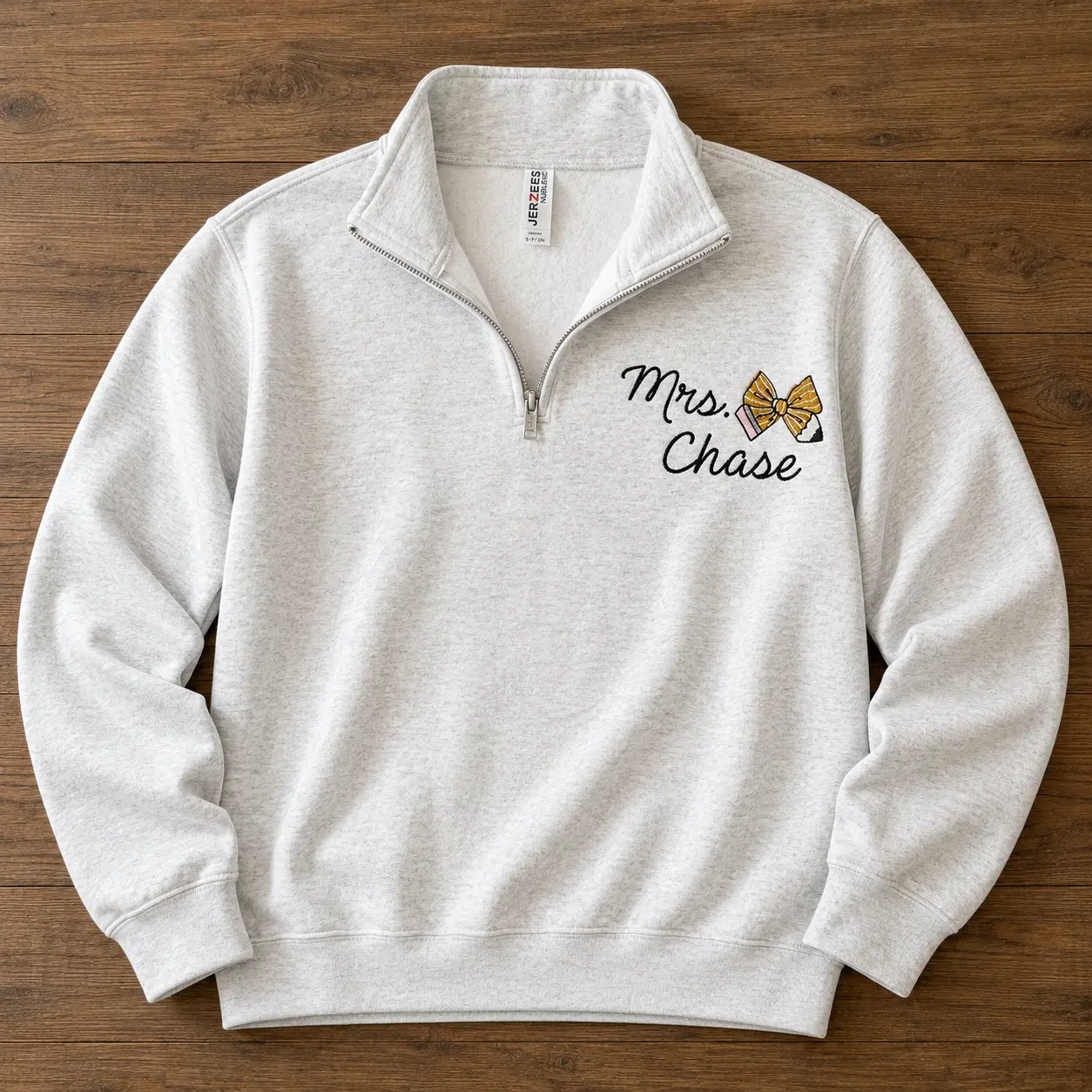 [MAKE IN US]Personalized Embroidered Teacher Quarter Zip Pullover Sweatshirt Teacher Gift School Colors Pencil Bow Cute Teacher Sweater