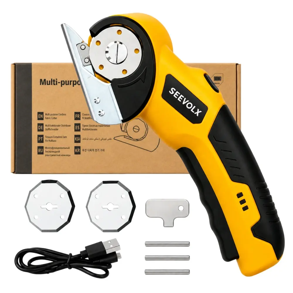 【SummerGift】SEEVOLX Cordless Rotary Fabric Cutter USB Rechargeable Safety Lock Replaceable Blade Easy Cut Cardboard Fabric Leather DIY Craft Cutting Tool Summer Gift for Crafters