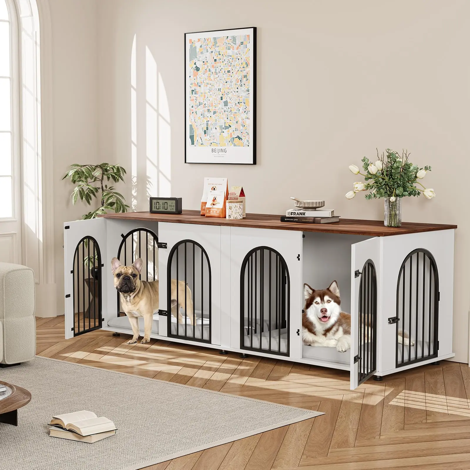 71 Inch Extra Large Double Dog Crate Furniture with Divider Cushions and Doors Indoor Dog Cage End Table TV Stand
