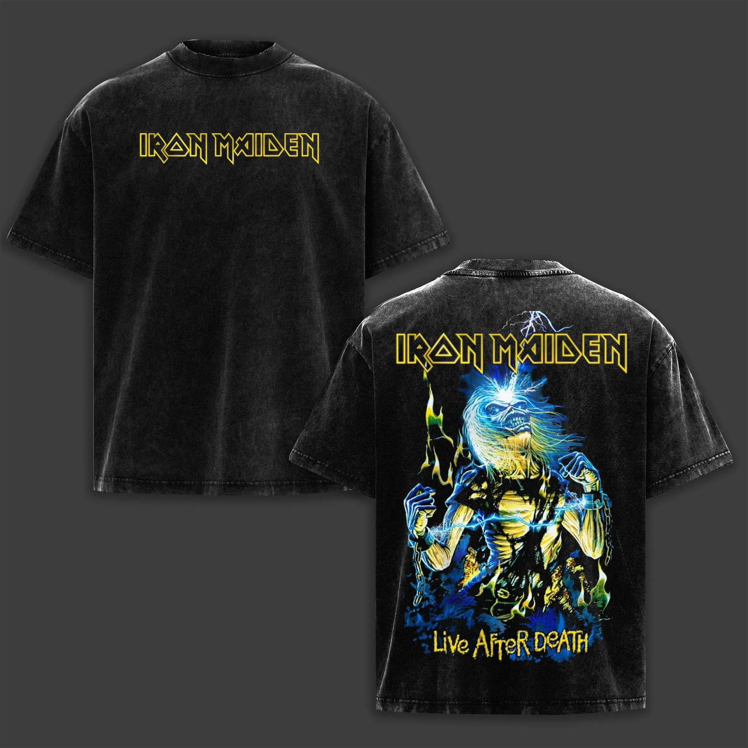 Live After Death Iron Maiden T-Shirt, Eddie the Head Heavy Metal Music Band Tee, Rock Band Double Printed Graphic T-Shirt, Gift For Metalhead Fan Crewneck Casual Cotton Fabric Men
