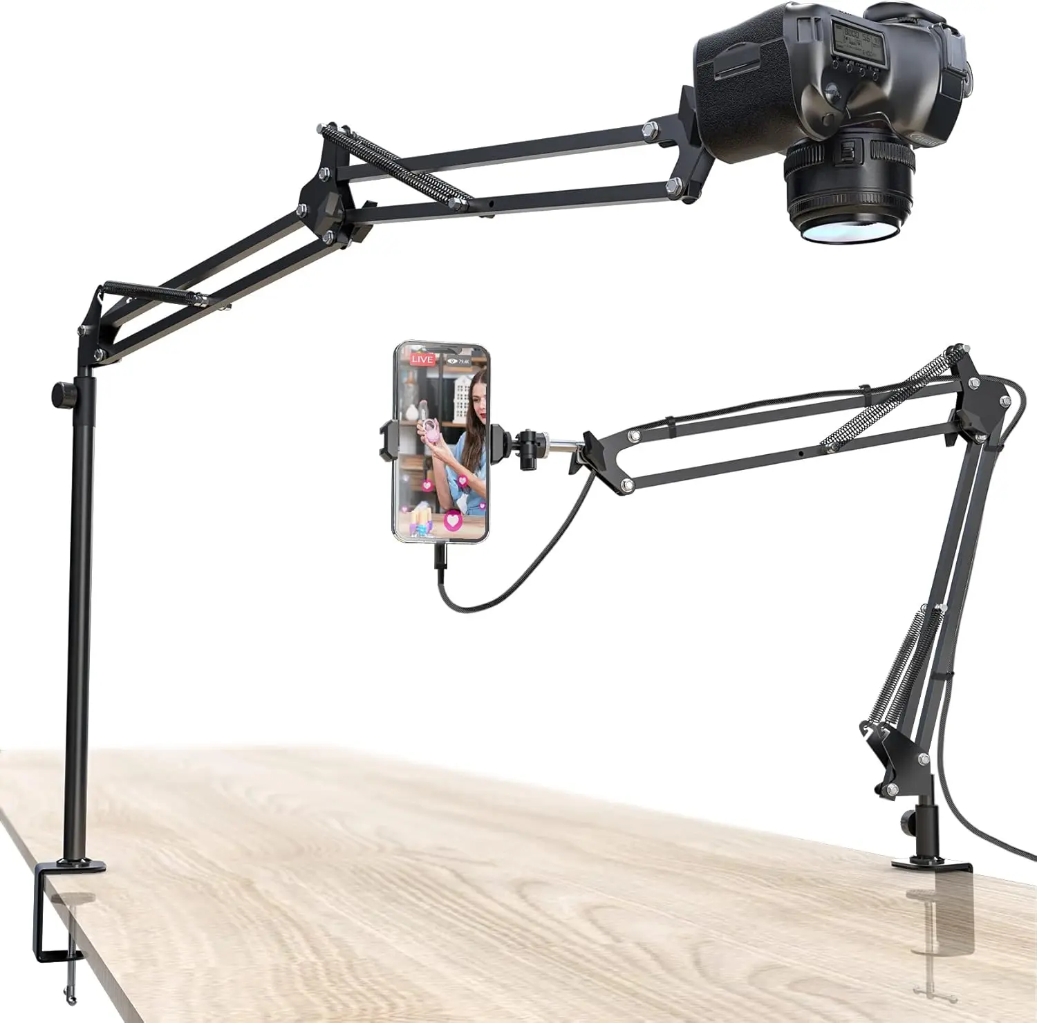 Overhead Camera Mount, 5lb Horizontal Load-Bearing, 360 Adjustable Stand for Desk, Flexible with Phone Clamp, Tabletop Mount for DSLR Camera/Webcam/Microphone