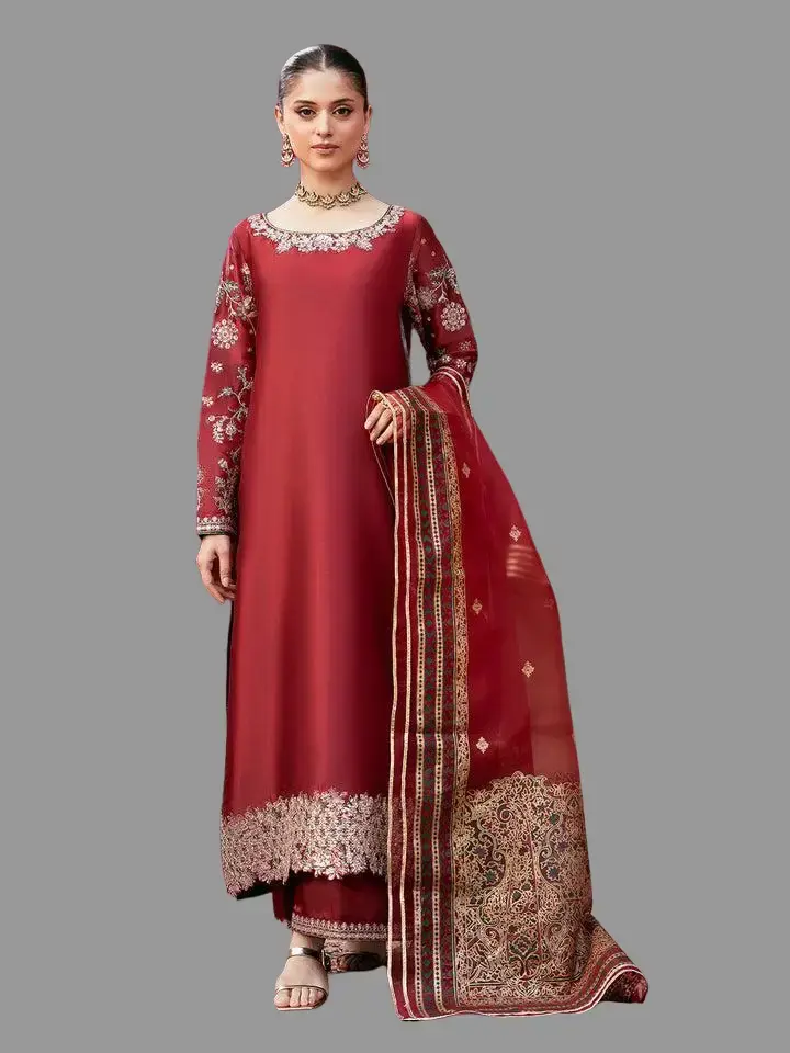 Women's 3-Piece Pakistani Silk Suit, Ready to Wear Party Dress with Sequin Embroidered Shirt, Palazzo Pants & Lace Organza Dupatta, Lady, Printed, Scallop