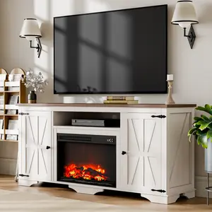 Fireplace TV Stand with Two Barn Doors and Storage Cabinets for TVs up to 65", Farmhouse Fireplace Entertainment Center with Storage Cabinets/Adjustable Shelves, Distressed White & Barnwood