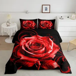 Feelyou Red Rose Microfiber Comforter Set - Breathable Duvet Set with Digital Print, Romantic Decorative Bedding, Multi-Size Machine-Washable Bedspread for Valentine’s Day Room Decor