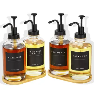 Coffee Syrup Dispenser for Coffee Bar, Coffee Syrup Pump Dispenser, Glass Syrup Bottle with Black Upgraded Pump, 4 Pack 16.9 oz 500 ml Syrup Dispensers, 28 Labels and Large Bamboo Tray