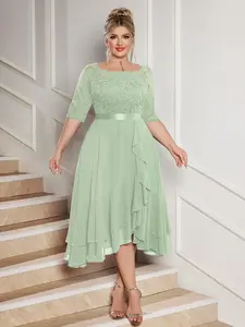 MISSMAY P34021A Plus Boat Neck Floral Lace Contrast Chiffon Ruffle Hem Formal Wear Cocktail Party Chic Elegance Swing Dress