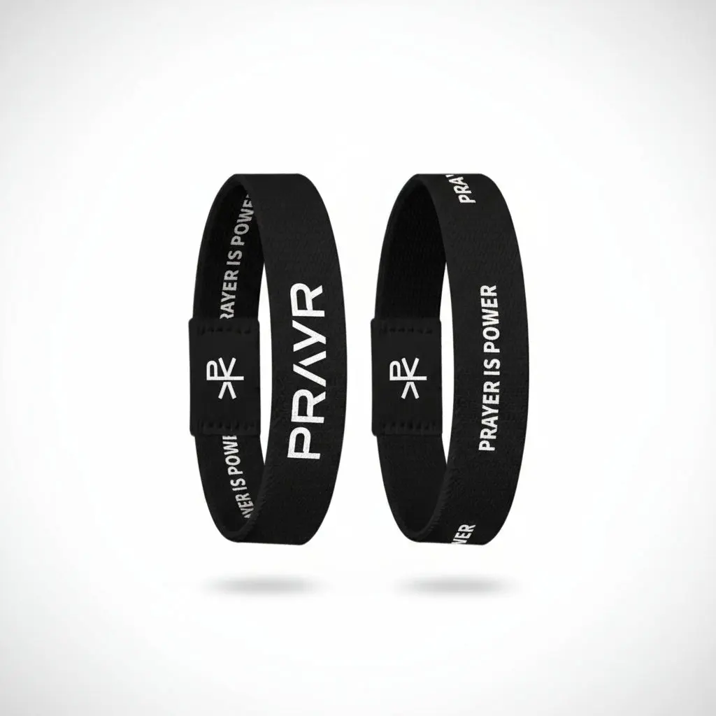 Signature NFC Tap Bracelet Durable Elastic Polyester Band with PRAYR Logo Prayer is Power Pattern Discreet NFC Chip for Prayer Submission
