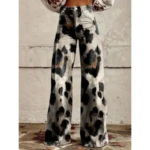 Women's Plus Size Retro Bohemian Floral Print Wide Leg Jeans - 3D Printed Non-Stretch Denim Pants with Button Closure, Machine Washable Casual Trousers for Spring/Fall, Spring Fall Attire, Durable Fabric