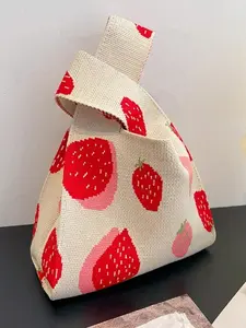 Strawberry pattern knitted tote bag, aesthetic crochet bag, women's woven wristlet, large-capacity woven tote, stylish spacious handmade women's bag, fashionable knitted small bag, aesthetic crochet bag, stylish and practical women's accessory