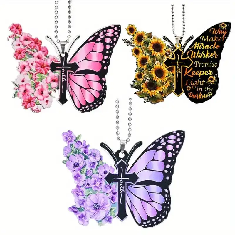 Butterfly & Cross Design Car Hanging Ornament, Car Rearview Mirror Hanging Decoration, Car Interior Decoration Accessories for Women & Girls