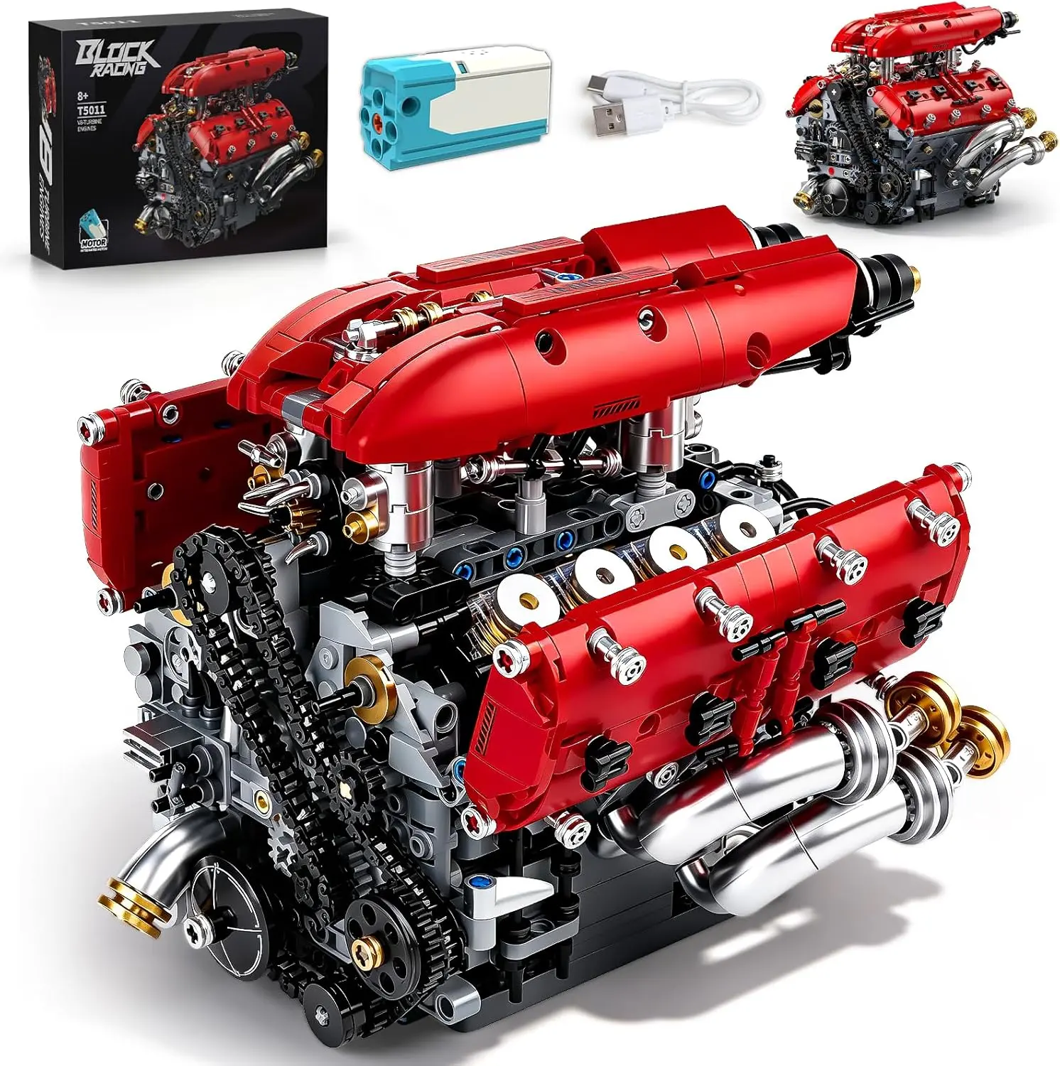 V8 Engine Model Kit that Runs, Car Engine Building Blocks Sets with Motor, Build Your Own Car Model Engineering Kit that Runs, STEM Toy Project for Adults Kids Gifts (1370 PCS+) car brick v8 engine building block