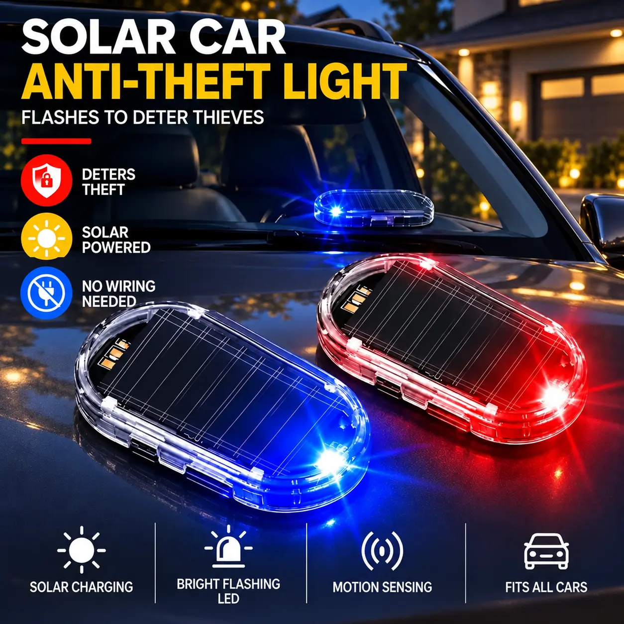 Solar Powered Plastic Fake Car Alarm Lamp - Auto Light Sensor LED Security Warning Flasher, No Wiring DIY Anti-Theft Dummy Device