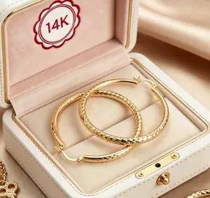 14K Gold Hoop Earrings for Women - Large Sparkling Diamond-Cut Textured Hoops, Hypoallergenic for Sensitive Ears, Lightweight Comfortable, Daily Waterproof & Tarnish Resistant, Secure Click-Top Closure, Perfect for Everyday Office Party Date, Ideal Gift