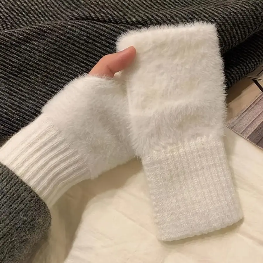 Women's Autumn Winter Soft Mink Fleece Half-Finger Gloves, Plush Knitted Wrist Mittens for Driving, Writing - Sports & Outdoor Accessories
