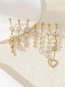 Women's Elegant Rhinestone & Flower & Heart Decor Belly Rings, Exquisite Trendy Belly Piercing Jewelry, Chic Body Jewelry for Party & Daily Decor, Sparkling Zircon Inlay, Artificial Zircon, Gems For Piercings