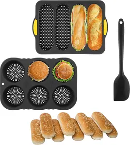 3 Pcs Silicone Baking Pan Set - 4 Cavity Non-Stick Baguette Pan, 6 Cavity Hamburger Bun Mold with Scraper, Ideal for French Bread, Sandwich Rolls and Homemade Loaves
